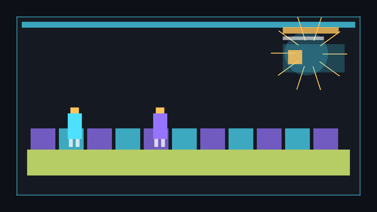 A small top-down tilemap with floor, walls, water, and a yellow player box blocked by wall tiles