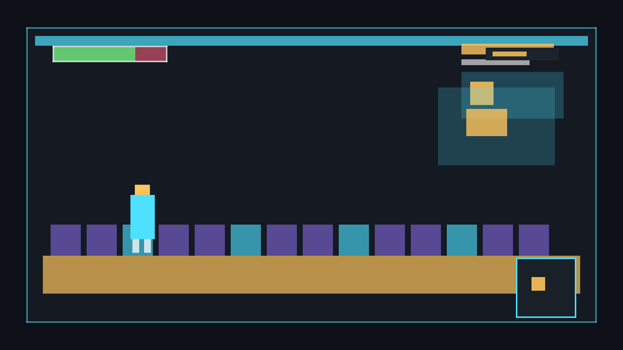 A game HUD showing a health bar in the top-left, score counter top-right, and minimap bottom-right