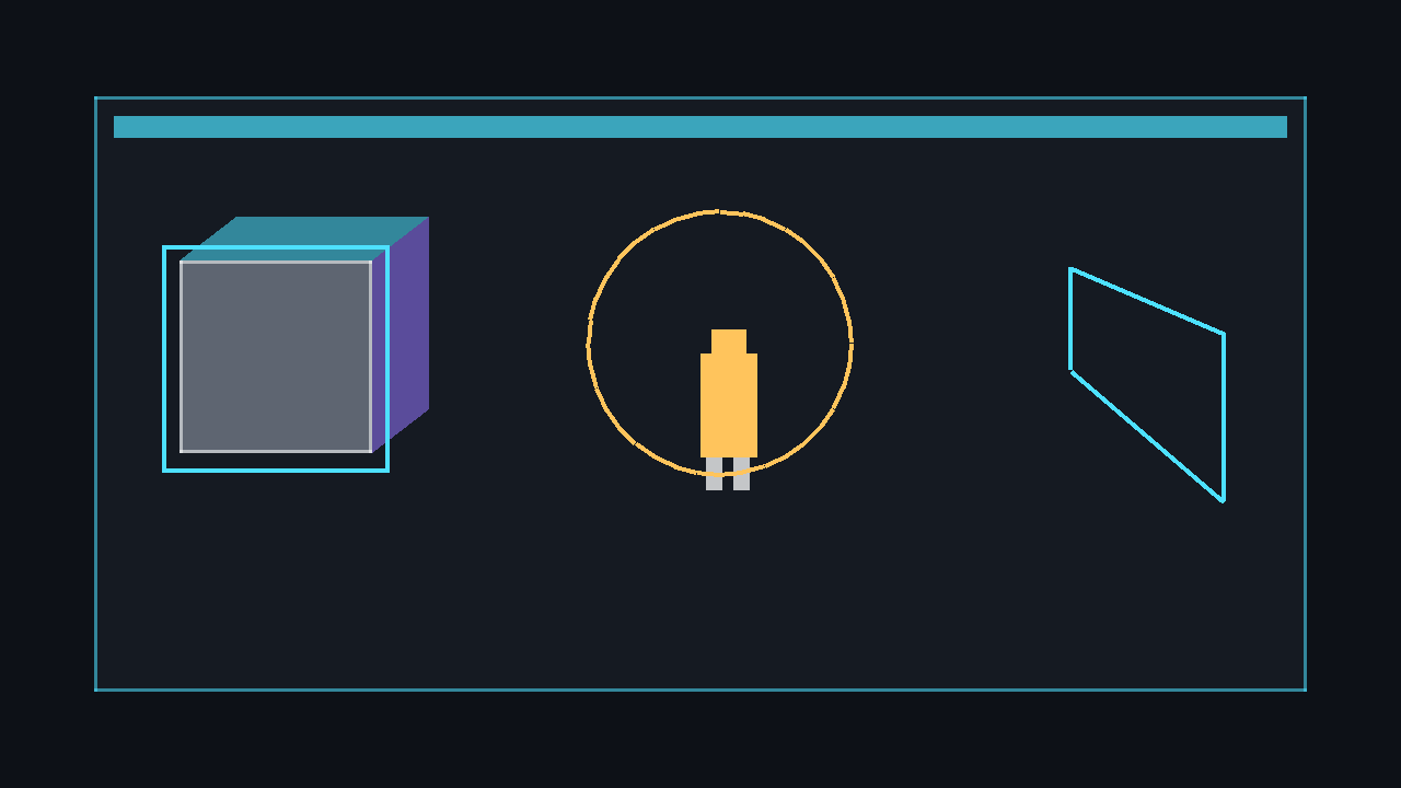 Bounding volumes: box around a crate, sphere around a character, frustum from a camera